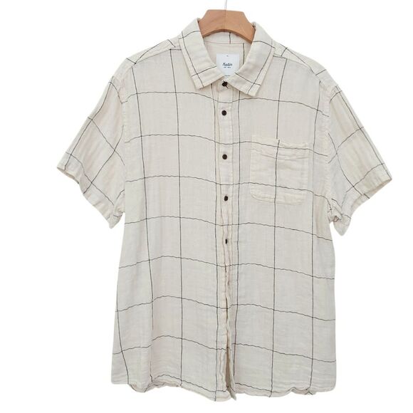 Katin Shirt Mens XL Beige Checks Short Sleeve Linen Blend Gauze Beach Coastal - Picture 1 of 11